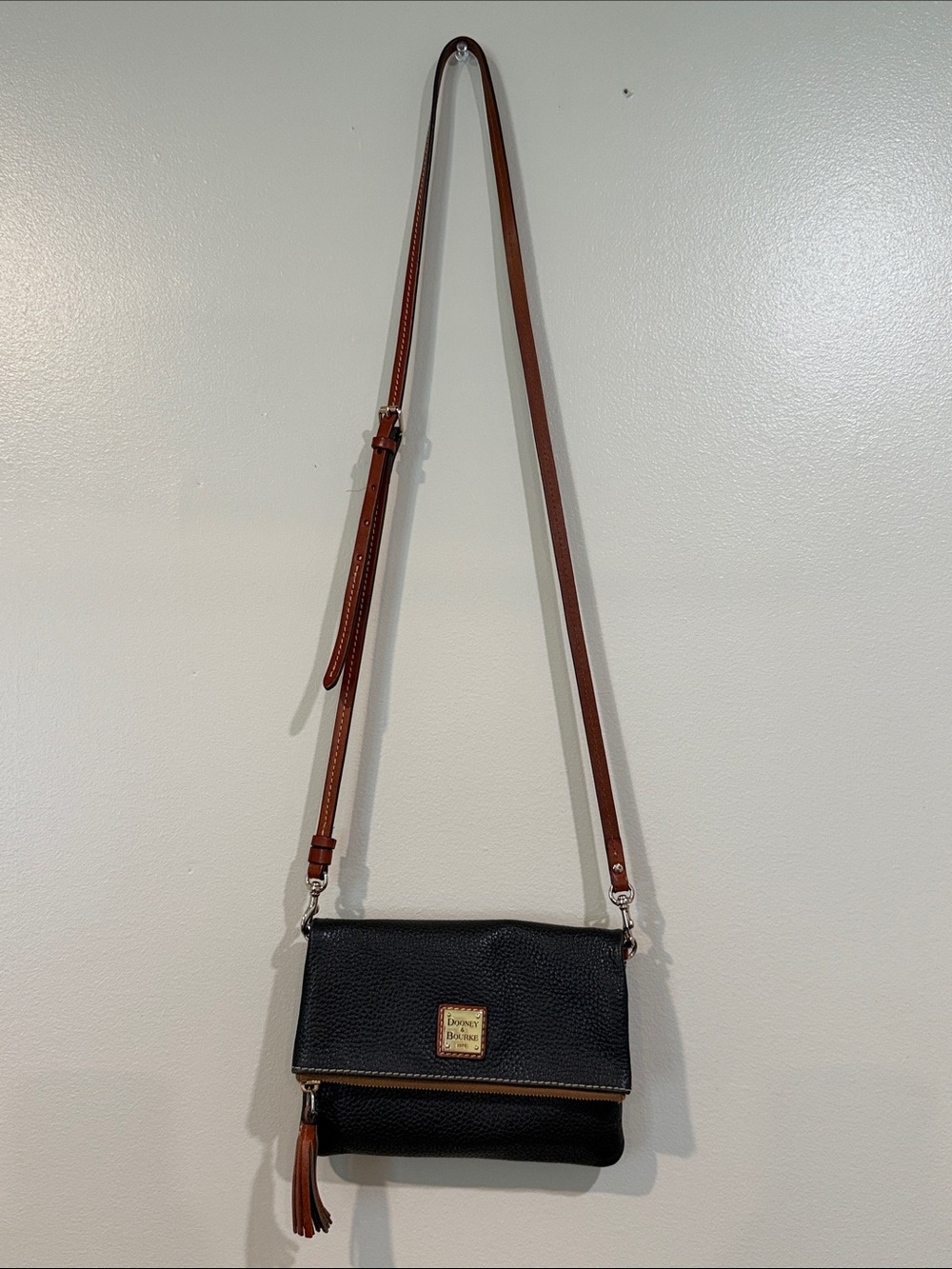 Dooney & Bourke Black Pebble Leather Crossbody with Brown Strap